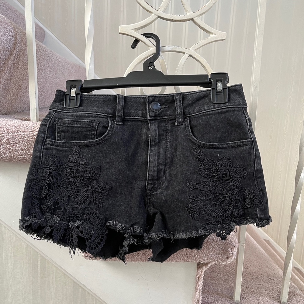 American Eagle High Rise Shortie Black Lace Denim Shorts